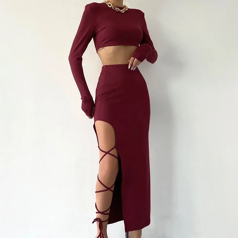 2024 New Pullover Long Sleeve Simple Crop Top Elastic Waist Halter High Split Legless Sexy Tie Solid Colour Half Skirt Set