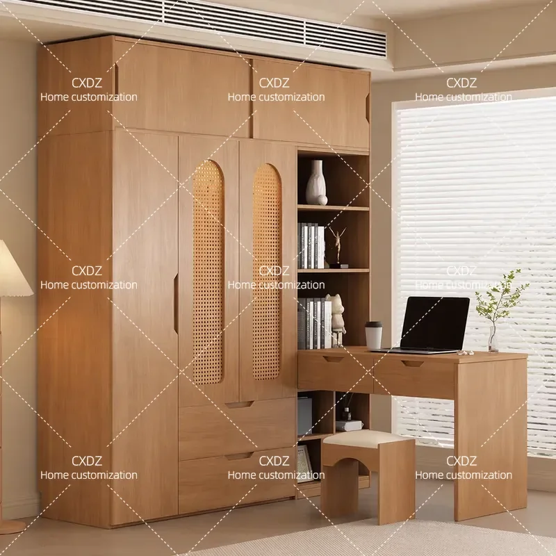 High End Solid Wood Oak Wardrobe Retro Style Large Bedroom Storage Cabinet with Rattan Doors Log Color Home Furniture