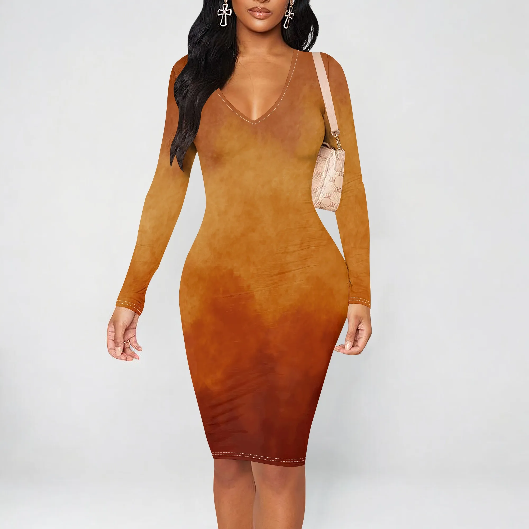 สตรีฤดูใบไม้ร่วงลําลองเซ็กซี่แขนยาวชุดเข้ารูปพื้นฐานดินสอ Midi Club Dresses
