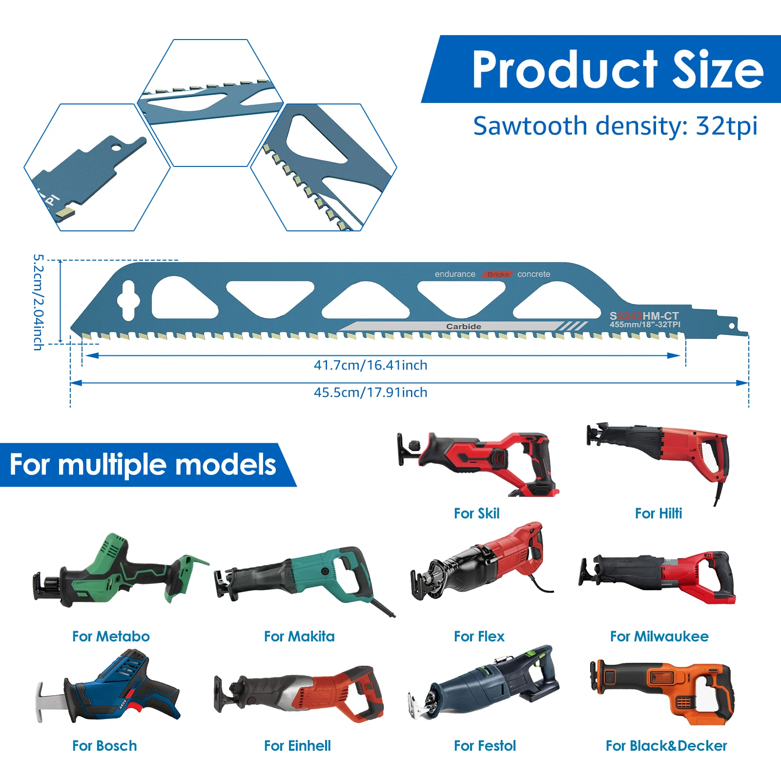 10/12/18/20in Alloy Reciprocating Saw Blade for Cutting Concrete Block Bubble Brick Red Brick and Hollow Brick