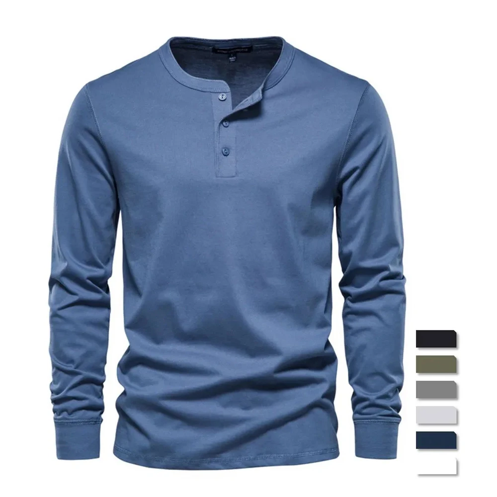 AIOPESON Henley Collar  100% Cotton T Shirt Men Casual Solid Color Long Sleeve T Shirt for Men Autumn High Quality Mens T Shirts