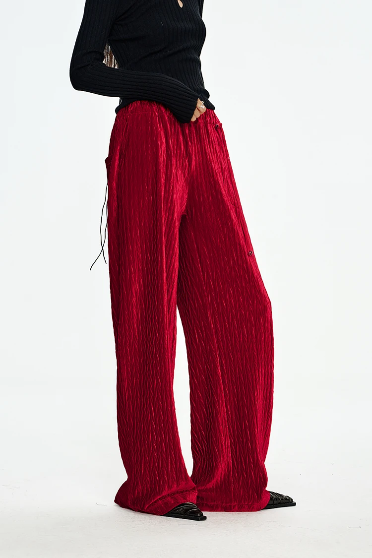 ELFSACK 2024 Winter New Arrivals Christmas Red Velvet High Waist Wide Leg Casual Pants Women