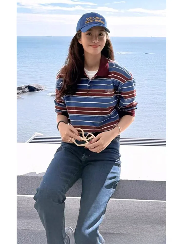 

Loose Long Sve T-irt Women Early Autumn New Korean Sle Lazy Striped irt Casual Loose Fit Sweat Absorbent