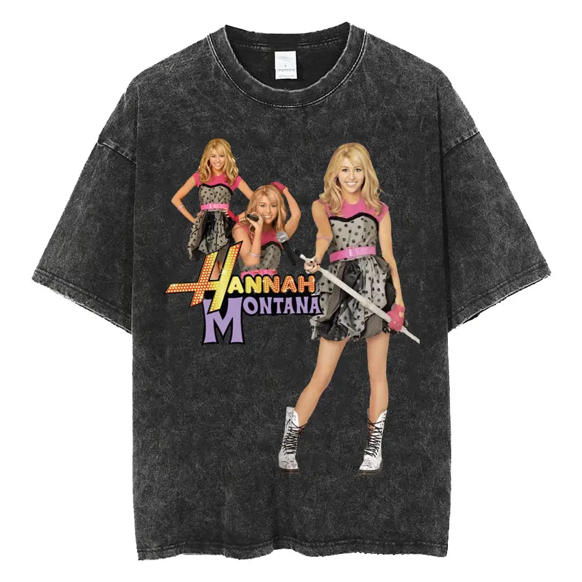 Hannah Montana Miley Cyrus The Eras Tour T Shirts Men Vintage Washed Short Sleeve T Shirt Fashion Aesthetic Casual T-shirt