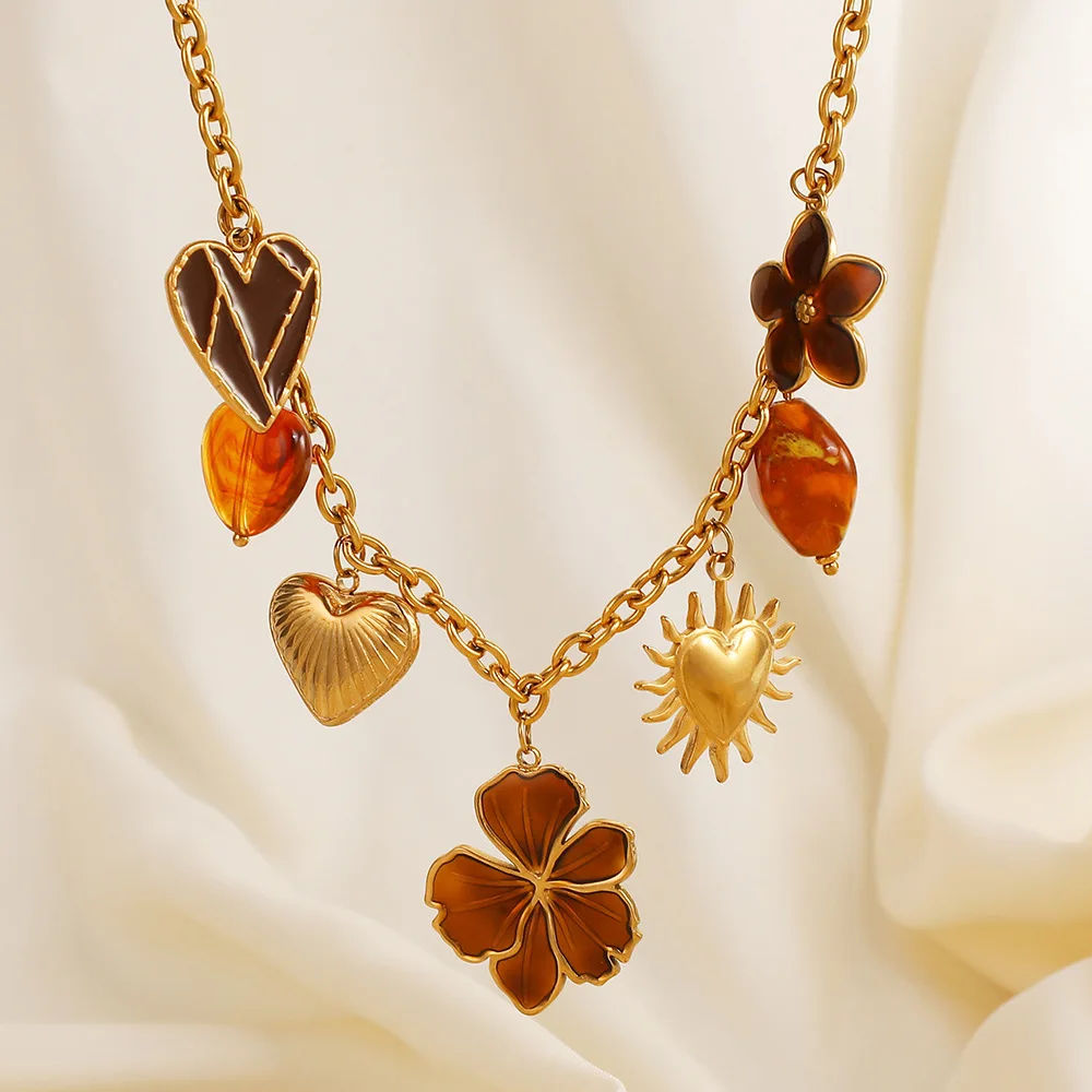 Stainless steel DIY autumn and winter atmosphere, drip oil heart-shaped flower, Maillard style vintage temperament sweater chain