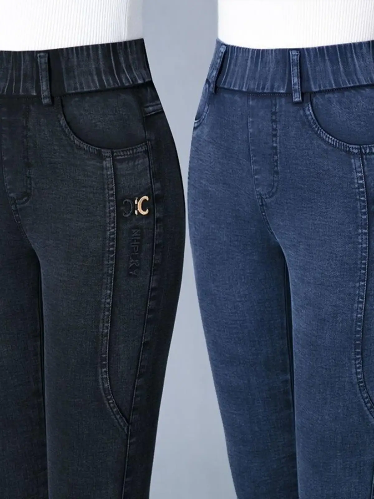 High Waist Fleece Lined Jeans Women's Autumn Winter New Style Slim Fit Pants Elastic Casual Trousers for Middle Aged And Elderly