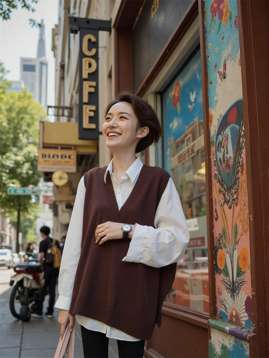 

Solid Sweater Vest Women Fashion Autumn Harajuku Chic Vintage Preppy Ulzzang Side Slit Casual All-match Basic Clothes Streetwear