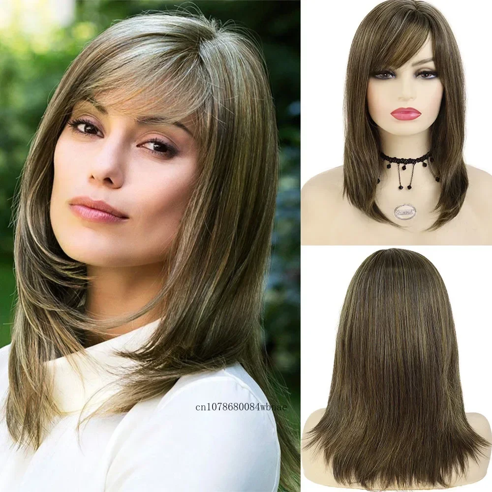 Natural Brown Synthetic Hair with Bangs Shoulder Length Straight Wigs for Fashion Women Fancy Dress Party Wig Heat Resistant