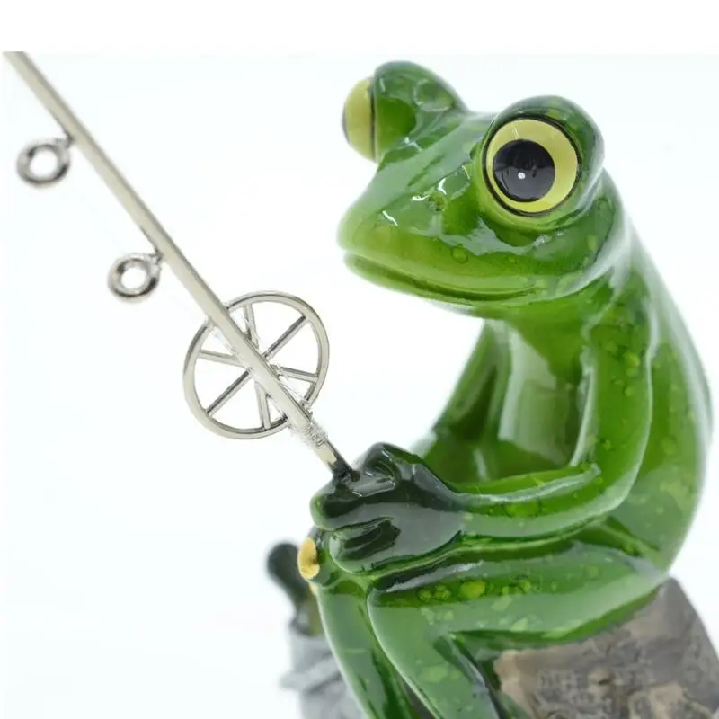 Fishing Frogs Figurine Garden Statues Decors Pair Set of 2, Hand Color Finish Display Statues with Rod and Fish Charm for D2RD