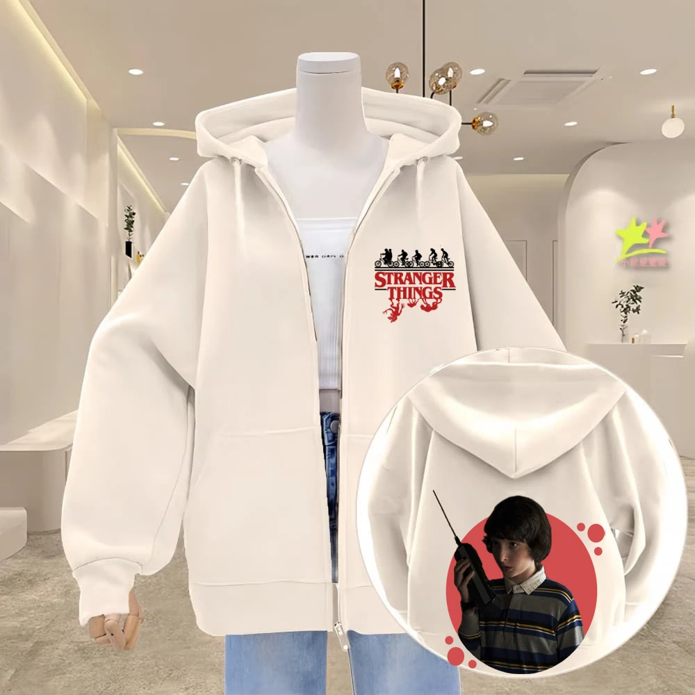 

Stranger Things Starcourt Mall Couple Zip Up Hooded Sweatshirt Upside Down Bike Demogorgon Head Family Matching Outfits