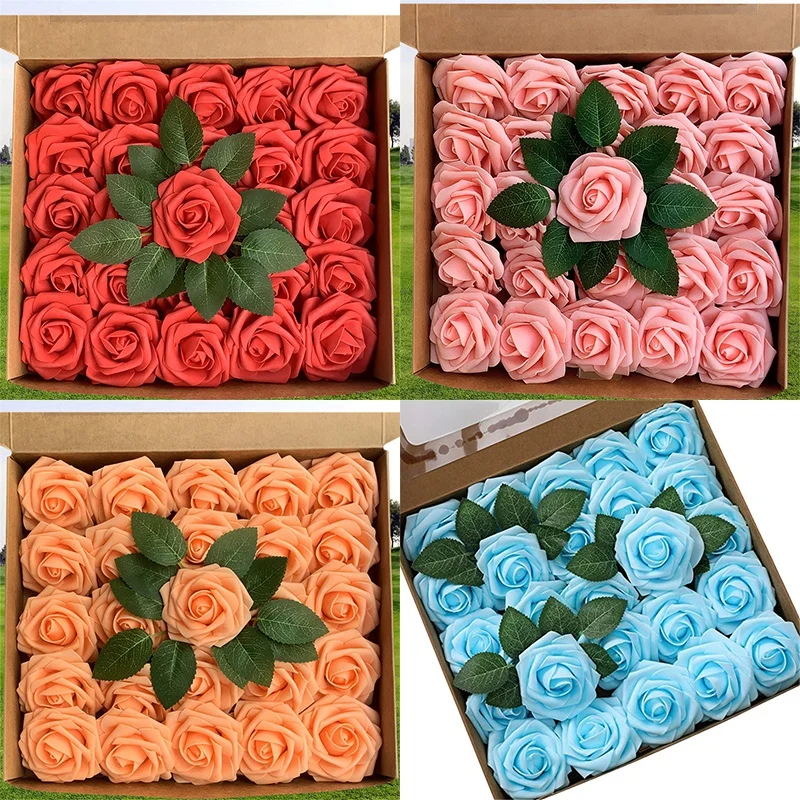 25pcs/set Artificial Flowers Rose For Wedding Party Bridal DIY Bouquet Flower Home Decoration Fake Flower Mothers Day Gift Box