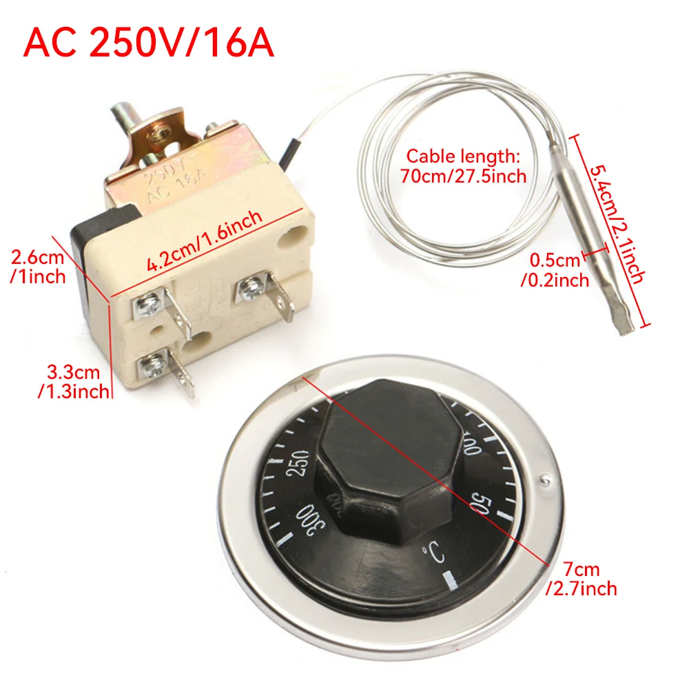 Temperature Controller Thermostat AC 250V 16A Dial 50 to 300 Degrees Celsius Temperature Control Switch NO NC For Electric Oven