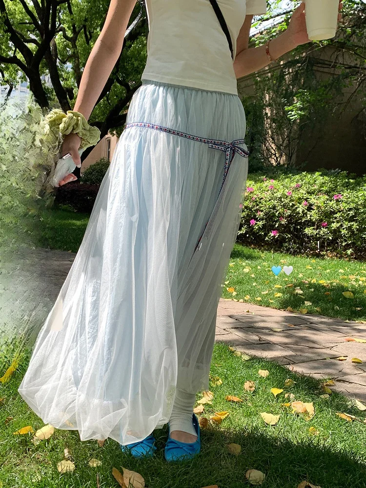

Sinbounboun Mid-Length A-Line Skirt with Bow-Knot Design And Layered Thin Mist Blue Gauze for Ladies Casual High Waist