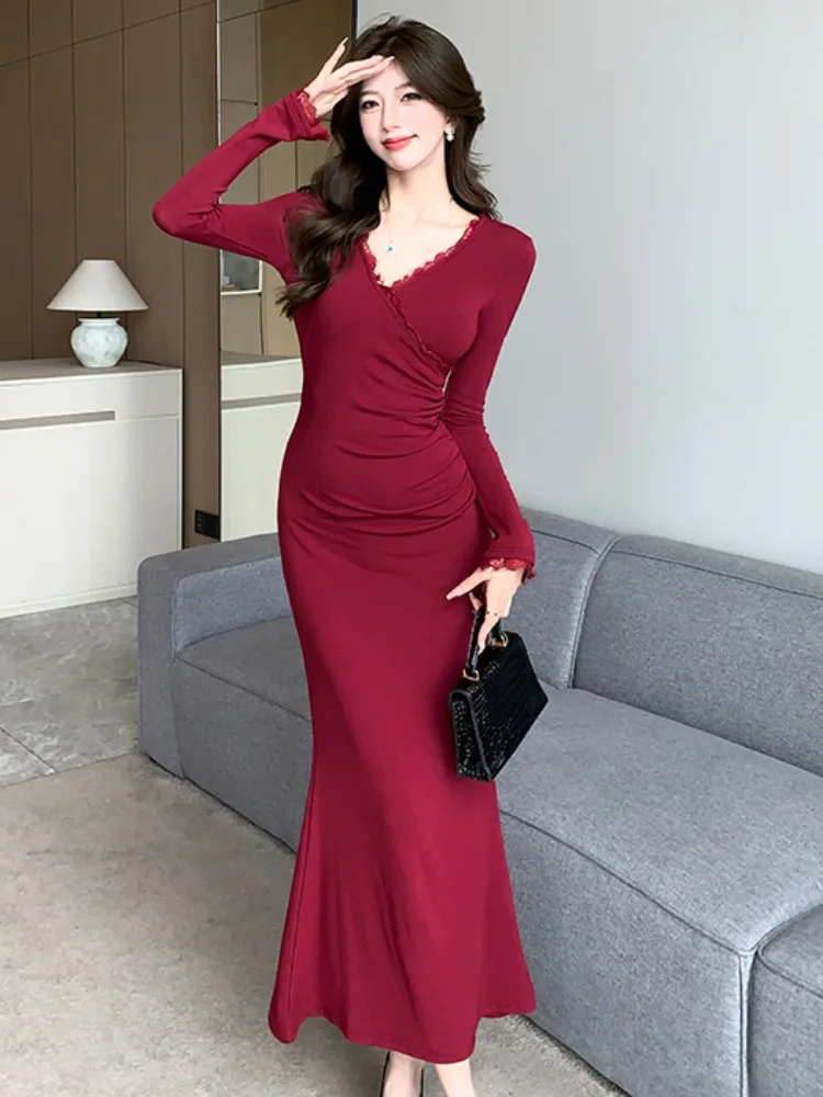 Slimming Lace Trim V-ne Fi-tail Dr Women's Autumn High-waisted Bodycon Sexy Elegance Beautiful Wraparound Skirt