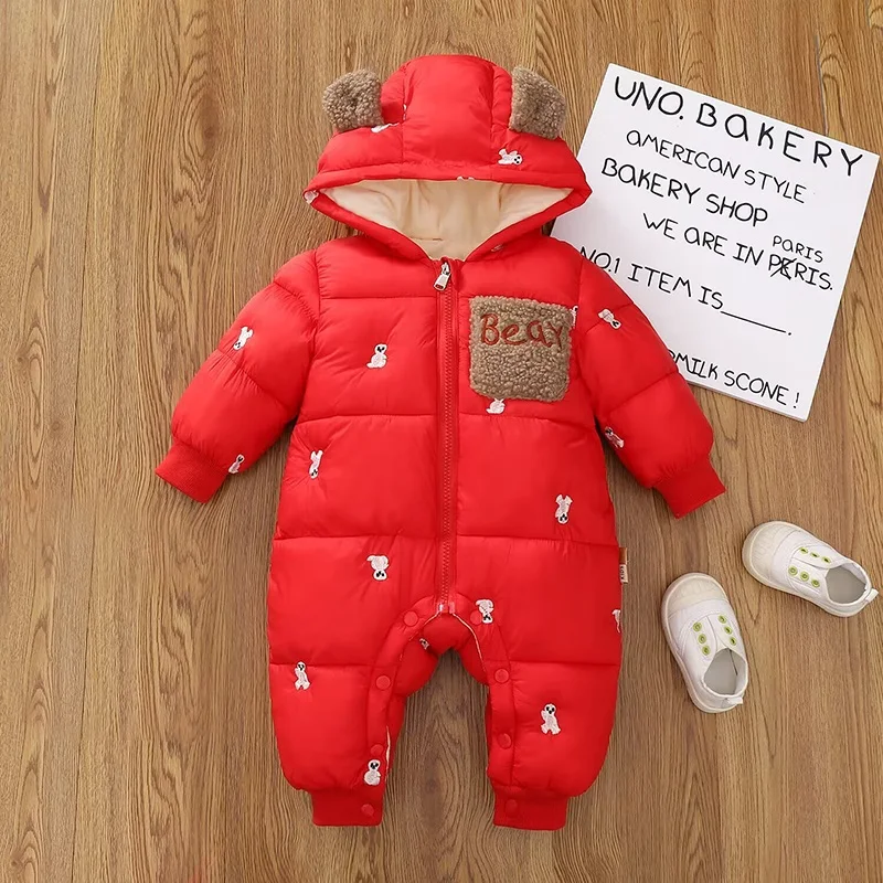 Newborn jumpsuit thickened cotton no-clean romper boys and girls cartoon bear ears jumpsuit warm jumpsuit winter