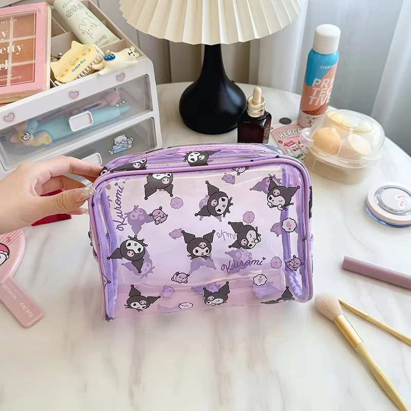 Cute Sanrio Kuromi Makeup Bag Anime Cinnamoroll Hello Kitty Waterproof Transparent High-Capacity Woman Toiletries Storage Bag