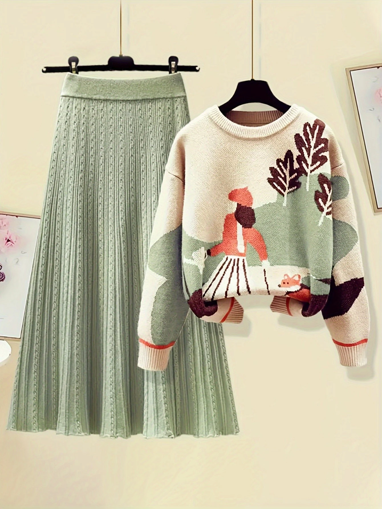 Nuovo cardigan in maglia di nicchia per donna, progettato in stile pigro, set di maglioni in due pezzi, top di design girocollo con grafica verde, gonna da lavoro casual ed elegante