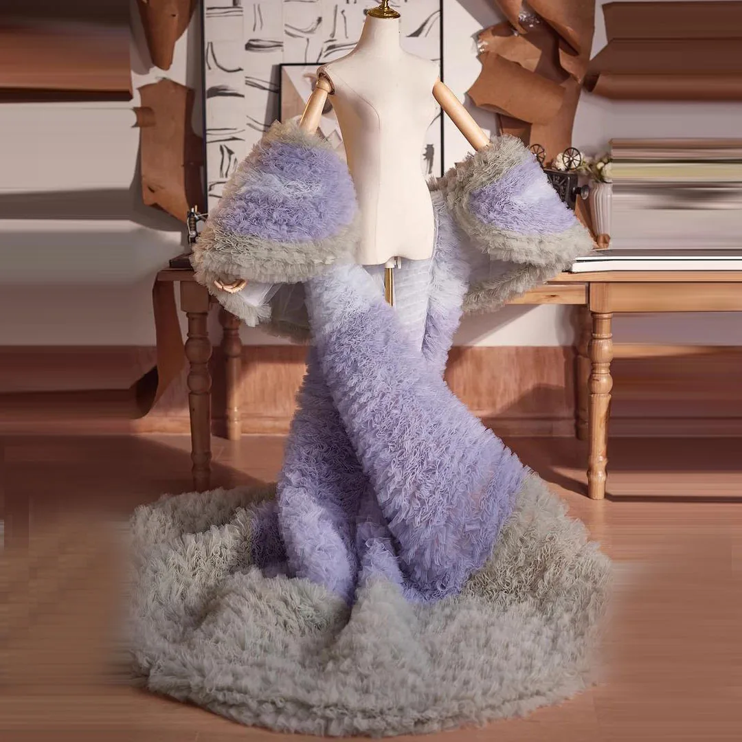 

Lavender Gray Long Oversized Coat with Tulle Long Sleeve Sheer Mesh Layer – Autumn Winter Coat, Work Jacket, 2026 Colorful Robe