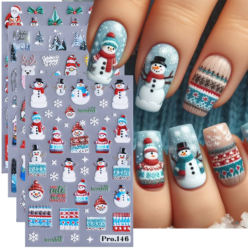2/4 pezzi in rilievo Natale Babbo Natale adesivi per unghie carino pupazzo di neve maglione alce orso agrifoglio decalcomanie per unghie vacanza manicure decorazione