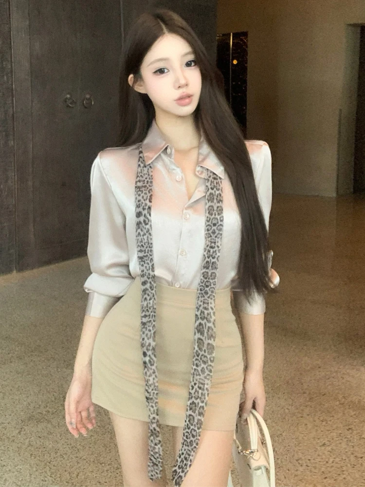 Elegant High Waist Slim Fit Shirt And Scarf Set Single Button Flip Collar Skirt Ensemble Fashionable Casual Wear for Women