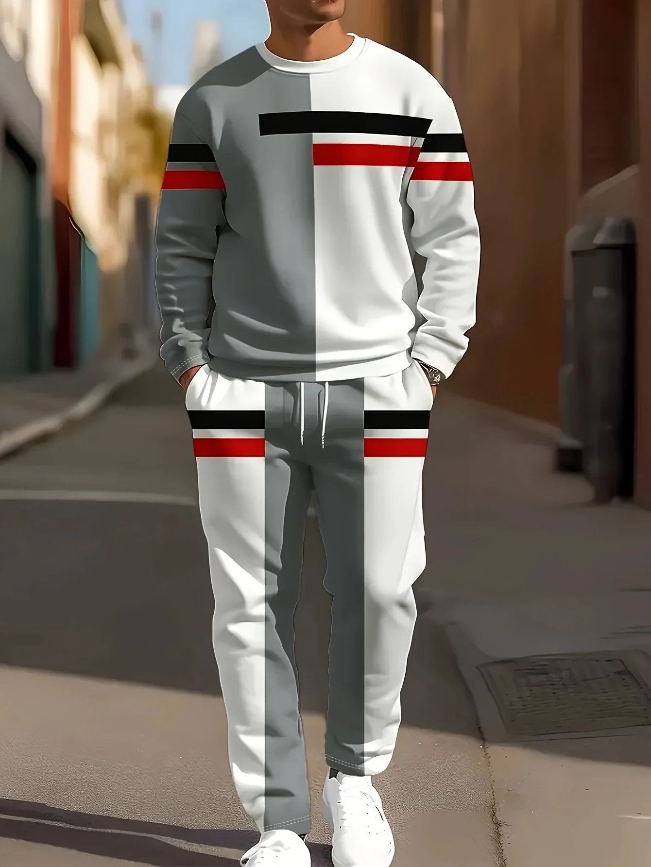 

Men's 3d Pattern Striped Casual T-shirt Long Sleeve Trousers Set Clothes Sportswear Fashion Sports Two Piece Set Crew Neck