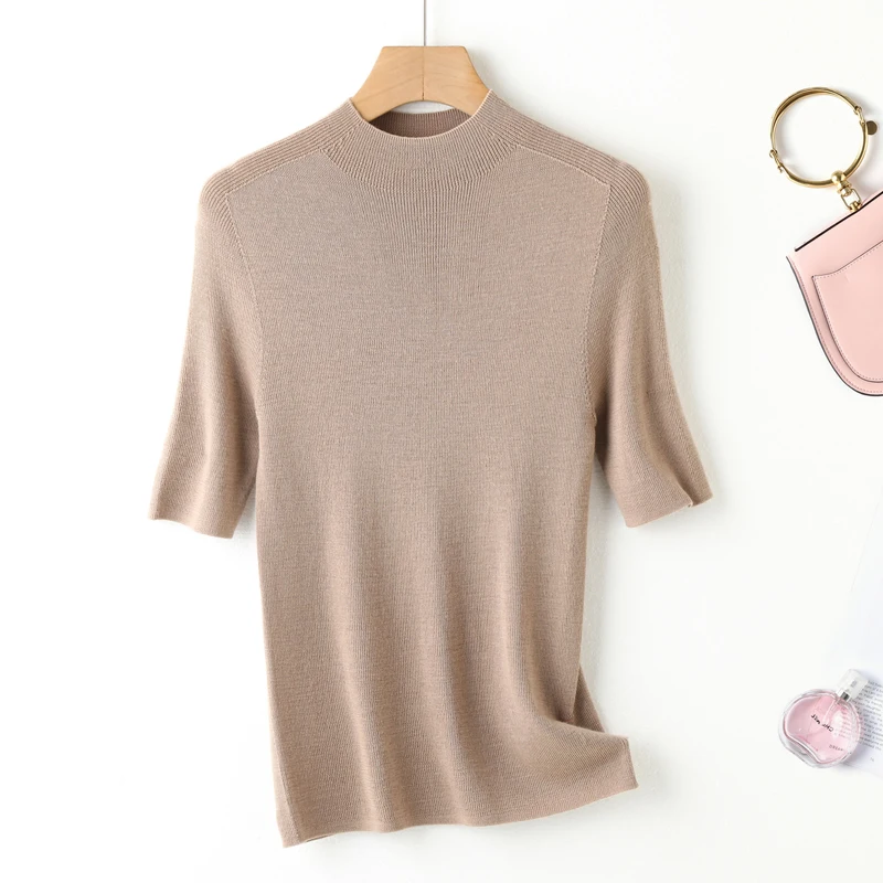 

Бесшовный тонкий свитер из чистой шерсти с полувысоким воротником, женская тонкая рубашка с короткими рукавами и верхом