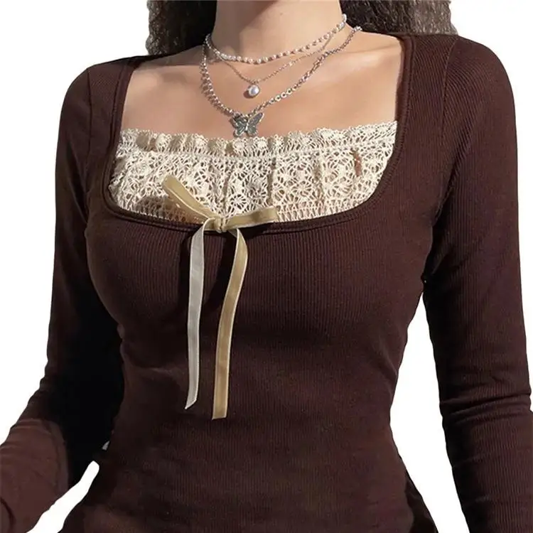 

American Y2K Knitted Sweater Women's Lace Knot Long Sve Sweet Spicy Pure Desire Autumn New Sle Cross-Border