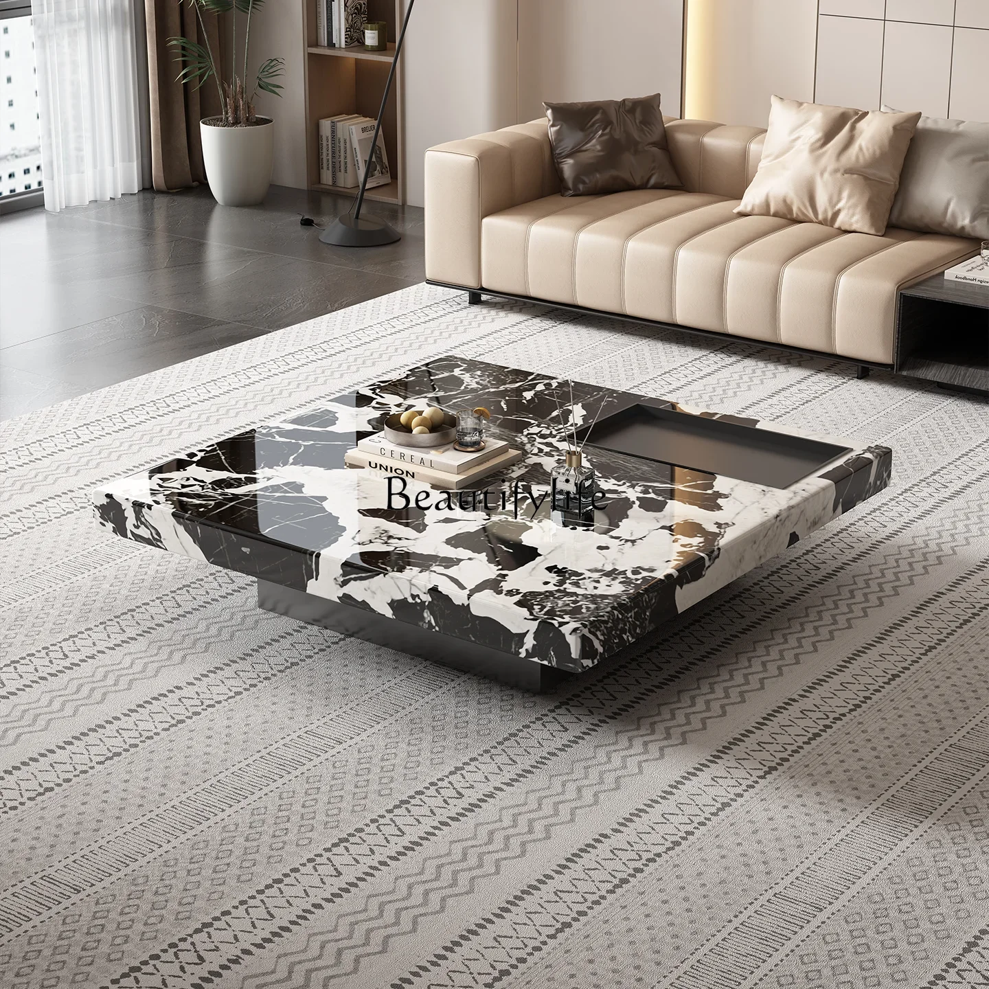 

yj5 Natural luxury stone coffee table Snow mountain marble high-end villa high-end customization