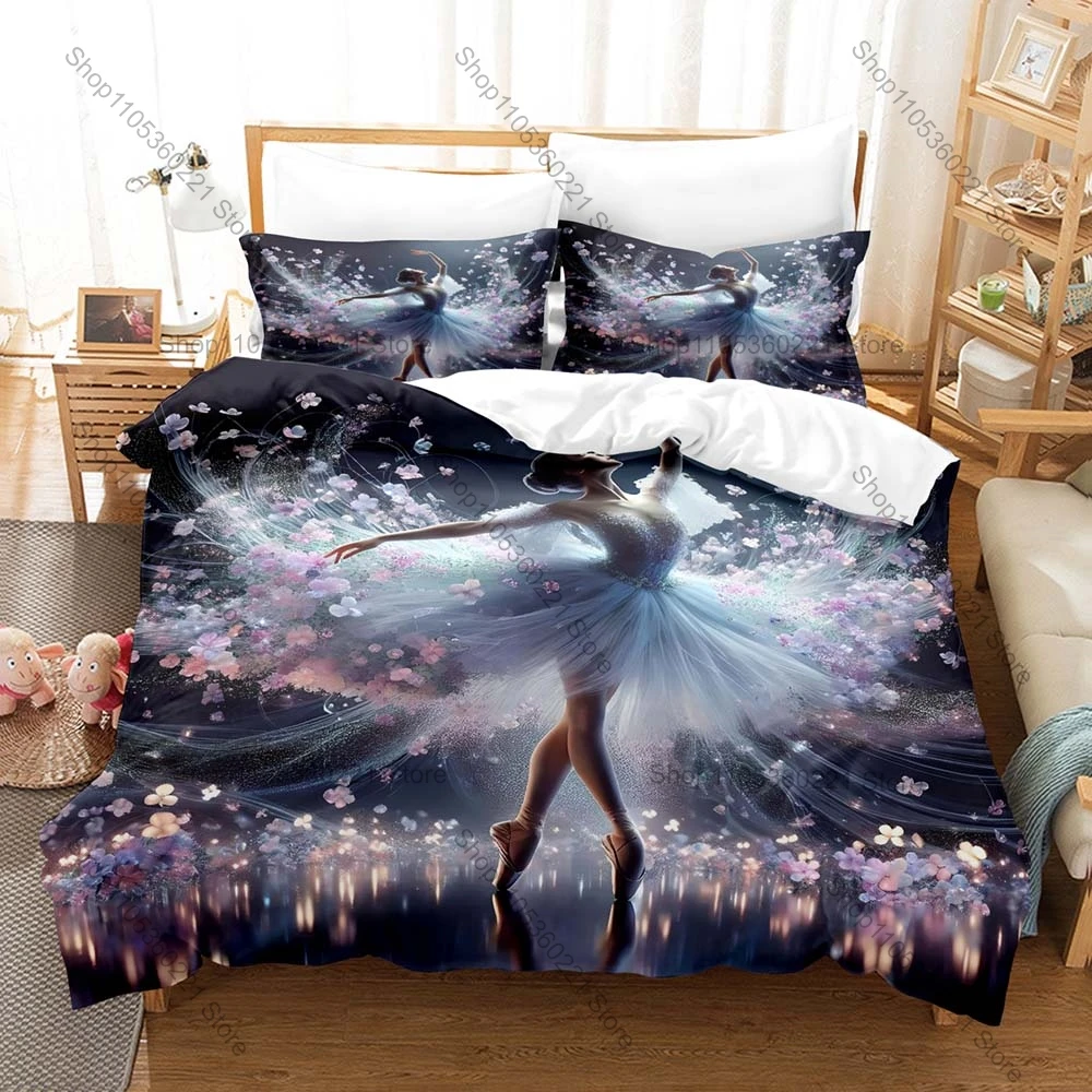 Kawaii Dancing Ballerinas with Roses Butterflies Girls Three Piece Bedding Set Luxury Comforter Set with Including Two Animea