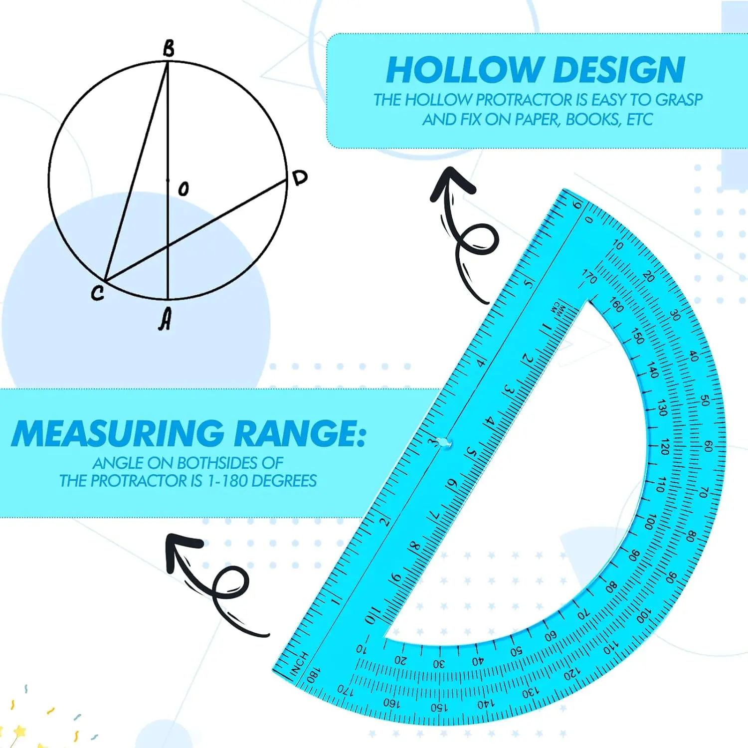 2 Pcs 12 Inch Clear Ruler and 6 Inch Plastic Protractor Set Dual Scale Inch Cm Math Geometry Measuring Tools for Classroom
