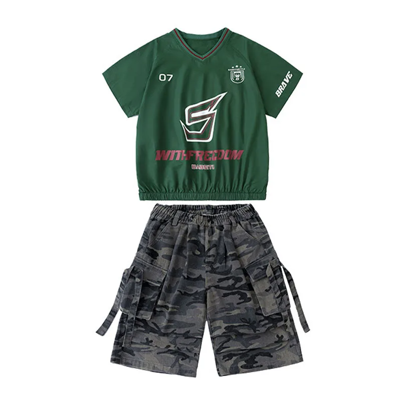 Enfant Kpop Hip Hop vêtements vert col en V t-shirt camouflage sangle décontractée Cargo Shorts pantalons moyens pour fille garçon danse Costumes vêtements