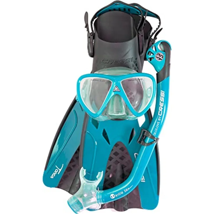

Adult Complete Snorkeling Set for travel: silicone mask, dry snorkel, adjustable fins lightweight, Italian-designed Tonga Pro D