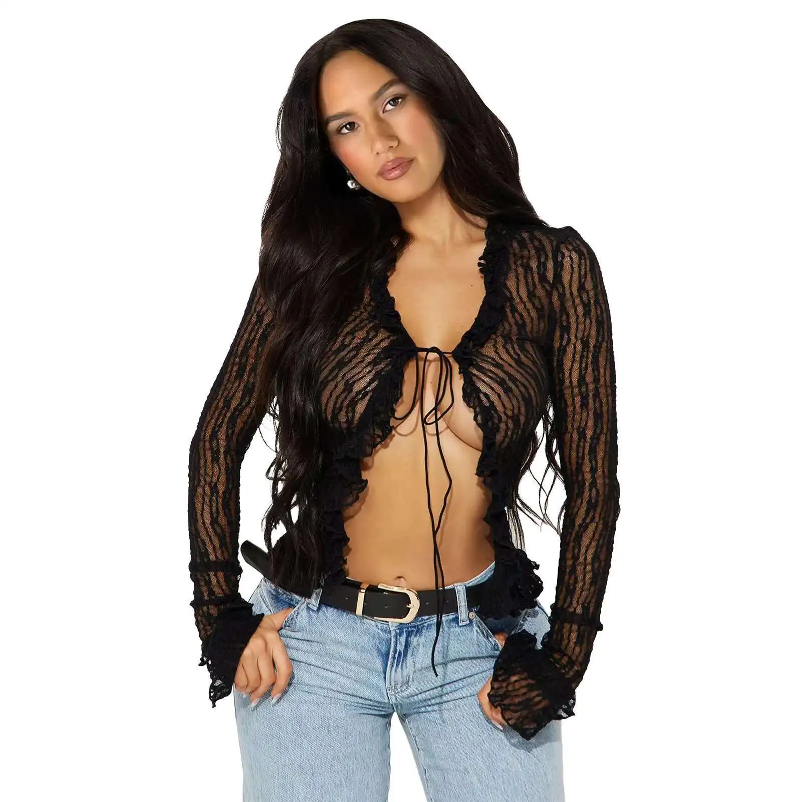 

Women's Gl6785 Y2k Hollow Lace V-neck Cardigan Long Sleeved Lace Up Top