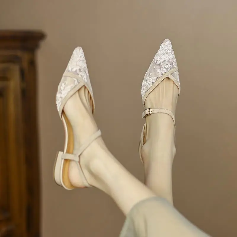 Ladies Shoes Lace Footwear Clear Transparent Sandals For Women Pointed Toe Summer 2024 With Low Heels Beige Elegant Classy Price