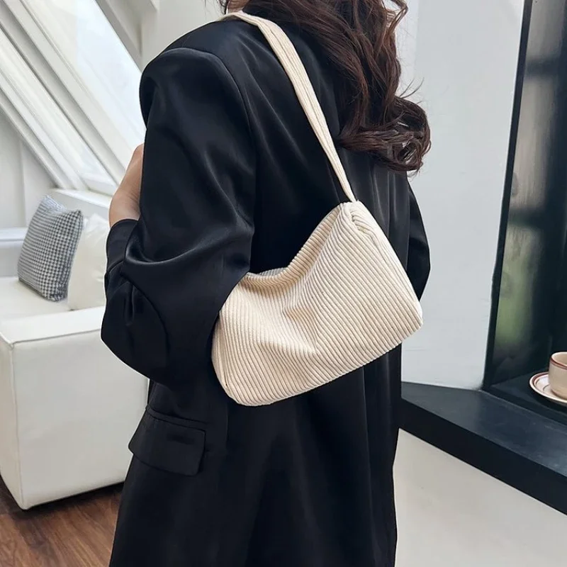 Fashion Women\'s Handbags Corduroy Underarm Bag Casual Women Shoulder Bags Solid Color Zipper Female Handbag Vintage Clutch