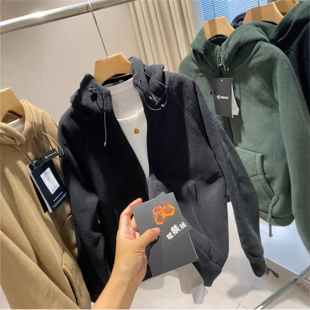 두꺼운 620g 따뜻한 양털 양면 후드 재킷 커플 스타일 겨울 신상 여성 폴로 칼라 긴팔 스웨트셔츠