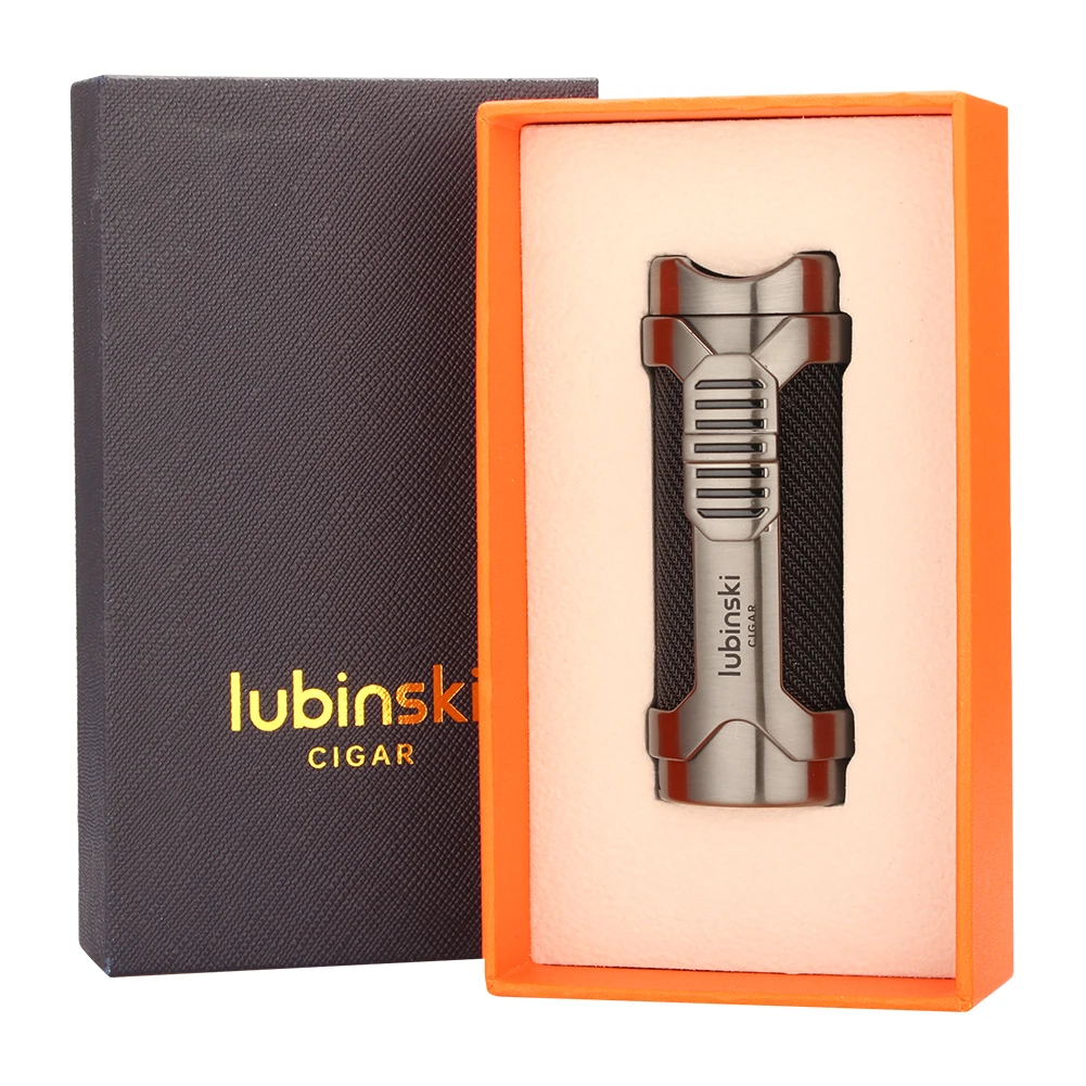 LUBINSKI Lighter Butane Gas 1 Torch Blue Flame Jet Lighters With Cigar Holder Cover Metal Luxury Smoking Cigar Lighter