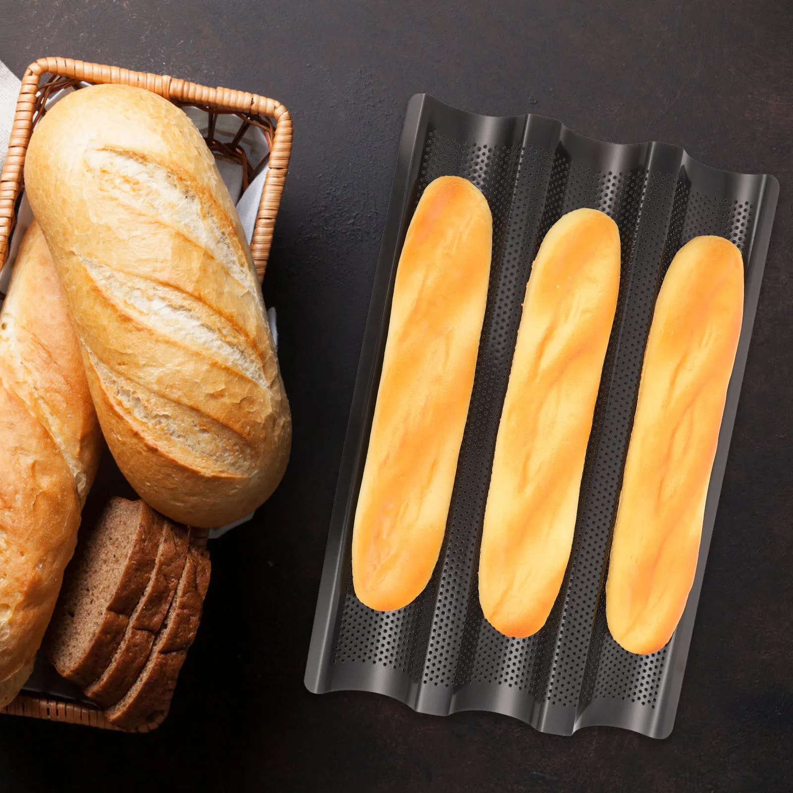 

1Pcs Wave French Bread Pan Nonstick Baking Tray Three-Slot Design Heavy Duty Steel for Even Heating Baking Supply