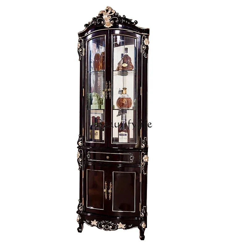 

European solid wood wine cabinet household living room storage corner floor water-based paint triangular black wine cabinet