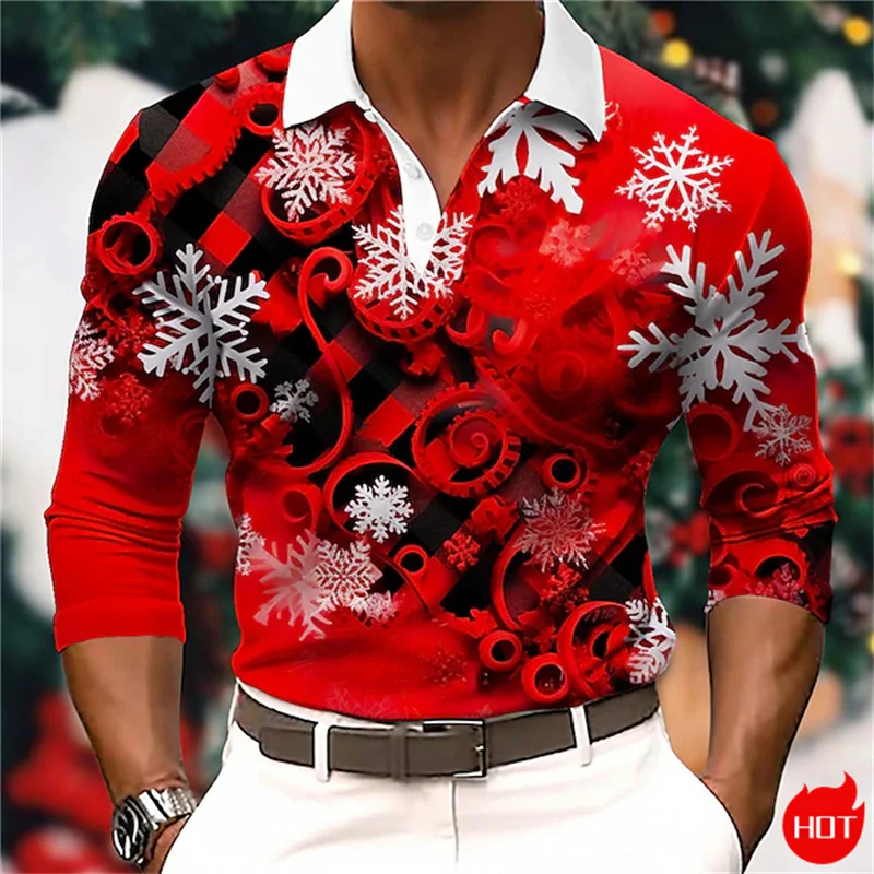 3D Printed Merry Christmas Long Sleeve Polo Shirt Santa Claus Graphic Men's Polo Shirts Cute Reindeers Snowflakes Shirts For Men