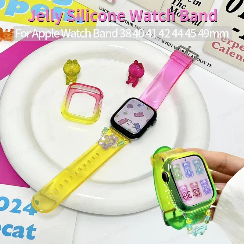 

Clear Jelly Silicone Strap for Apple Watch Band 40mm 44mm 41 45 49 Candy Color Bracelet for IWatch Serie 9 8 7 6 SE Bear Pendant