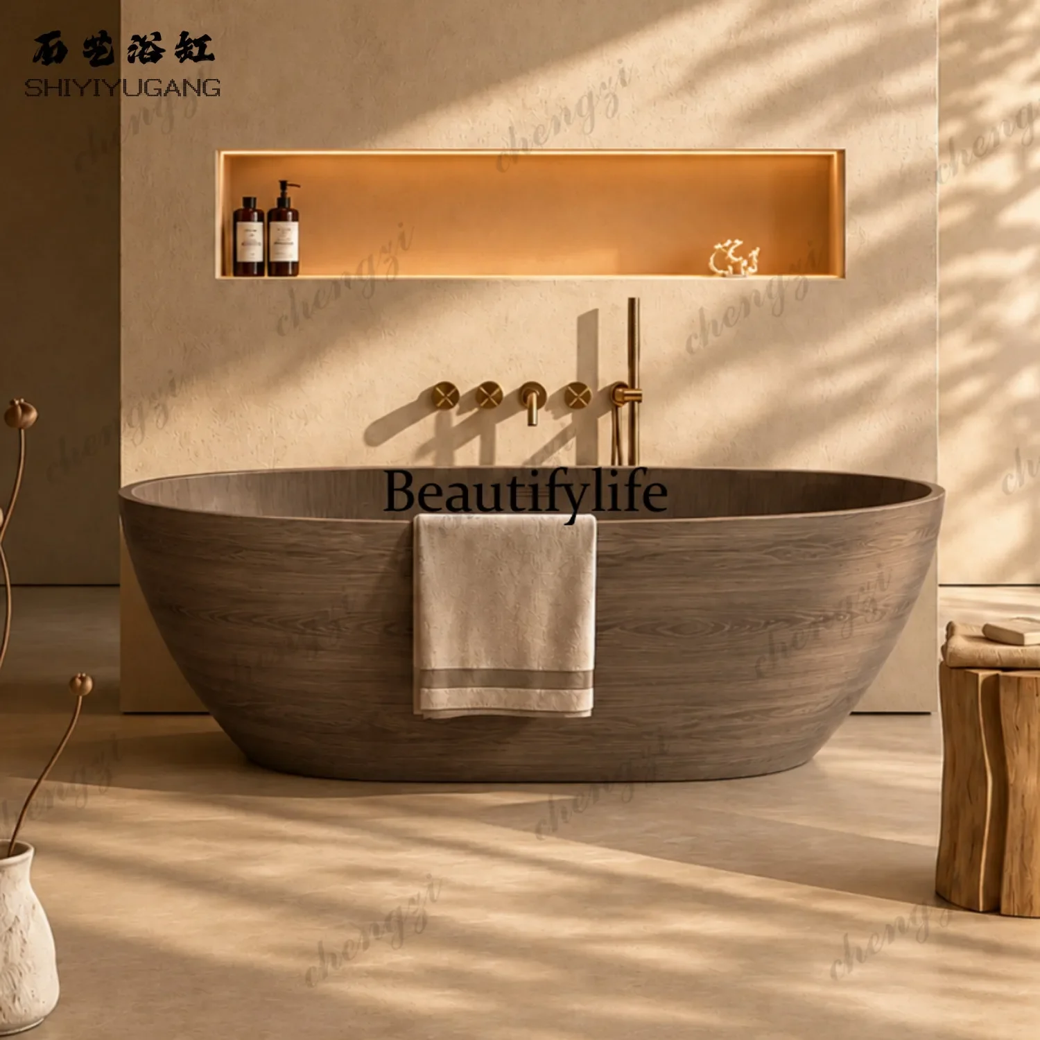 A17 Walnut Oval Qimei Stone Artificial Stone Bathtub Home Bed and Breakfast Art Integrated Detached Bath