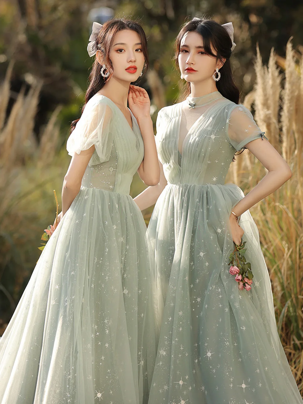 Elegant 4 Styles Grey Green Bridesmaid Dress Women\'s 2024 New Shinning Sequins Gown Ruffles Slim Wedding party guest vestido