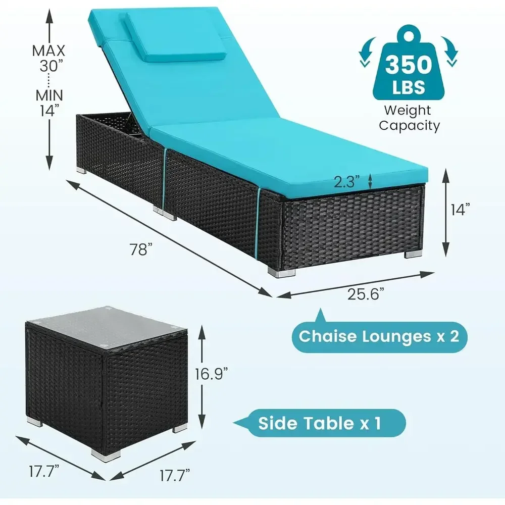 2-Piece Weatherproof Wicker Pool Lounge Chair Set with Side Table, Adjustable Backrest, Washable Cushions in Light Blue
