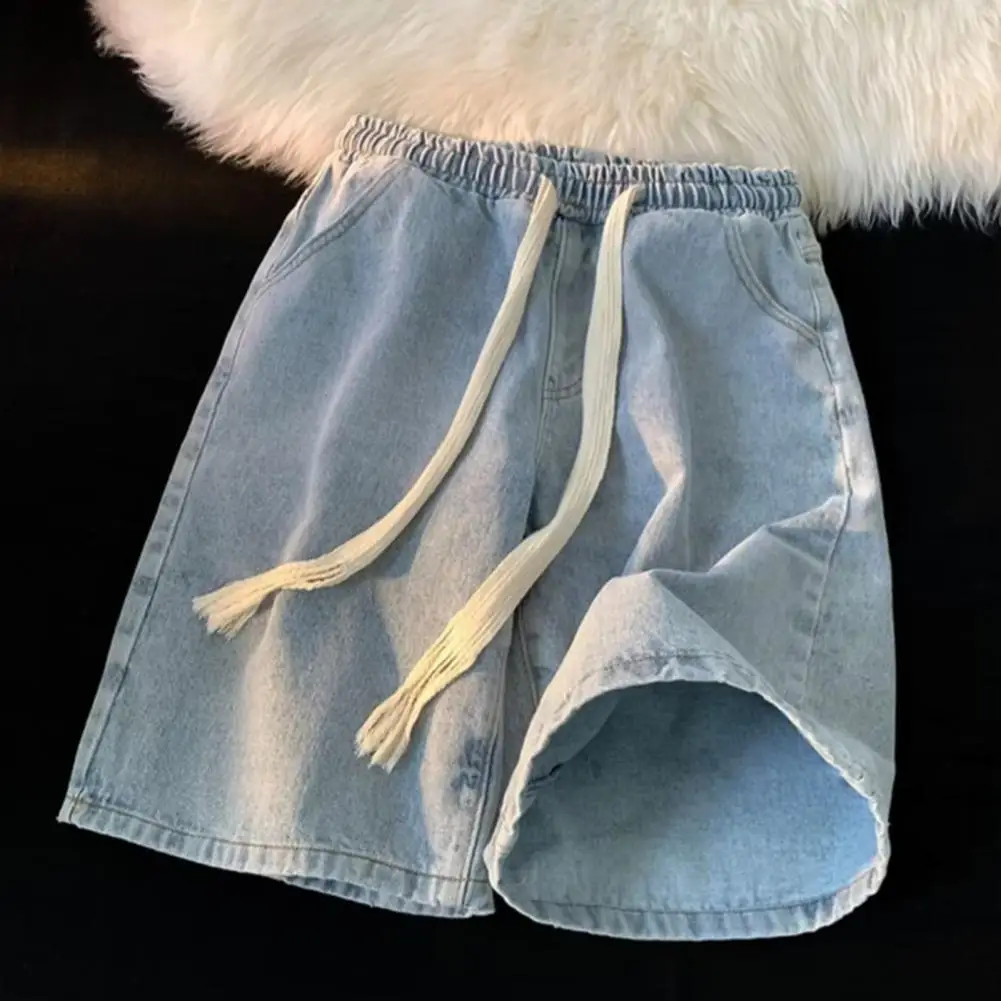 Men Wide-leg Denim Shorts Men's Elastic Drawstring Denim Shorts with Pockets Wide Leg Beach Shorts for Summer Casual Wear