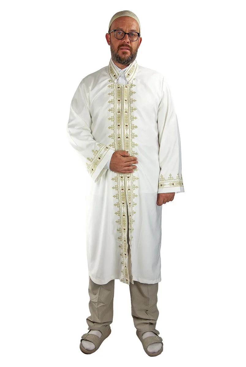 IQRAH Men Prayer Gown Imam Robe Ottoman Pattern Embroidered Cream