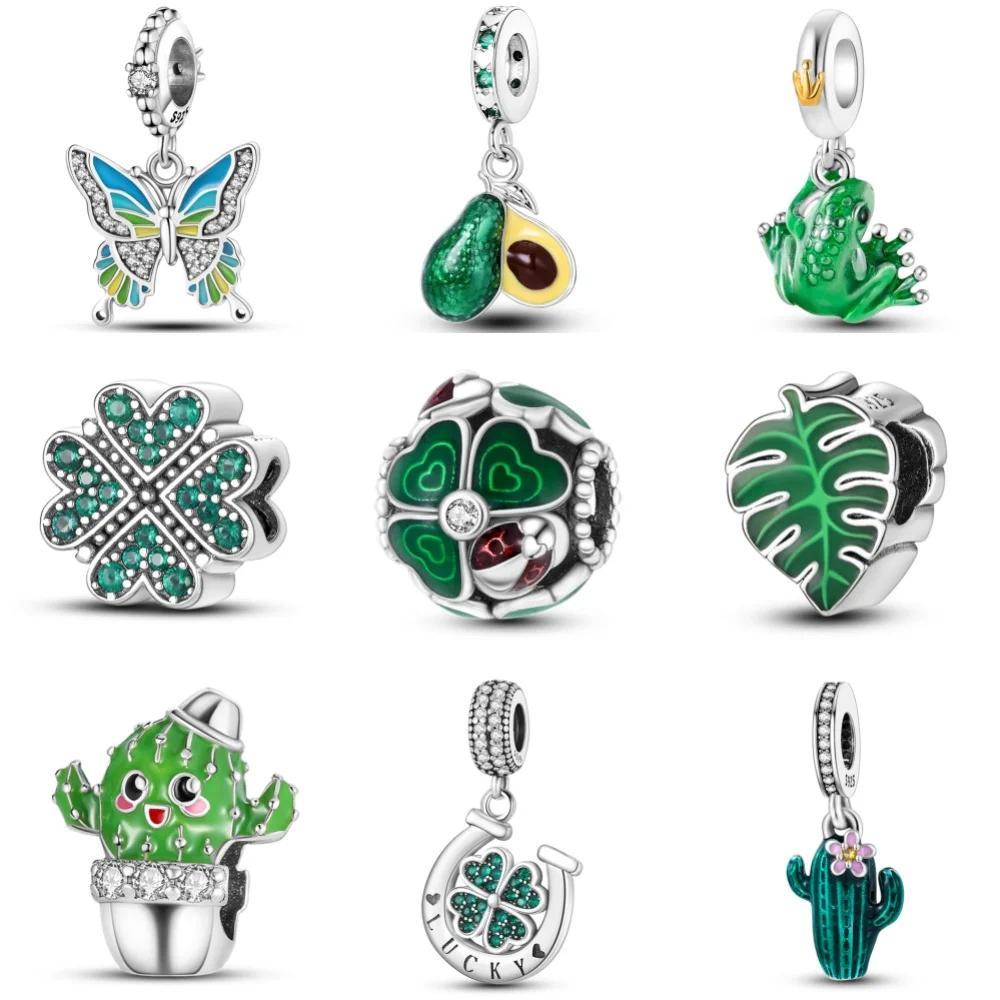 925 Sterling Silber Einfachheit Kaktus Klee Heilung Grün Charms Perlen Fit Original Feine Armbänder