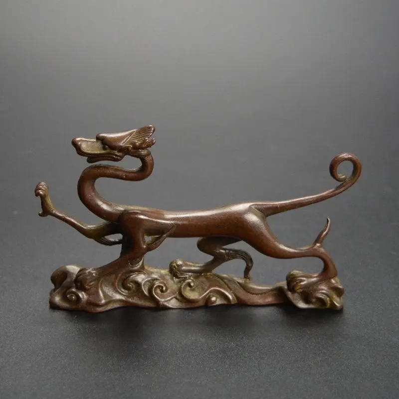 Antique Copper Chinese Mythical Qinglong Ornament Pen Rest Tea Table Decor for Home Tea Ceremony