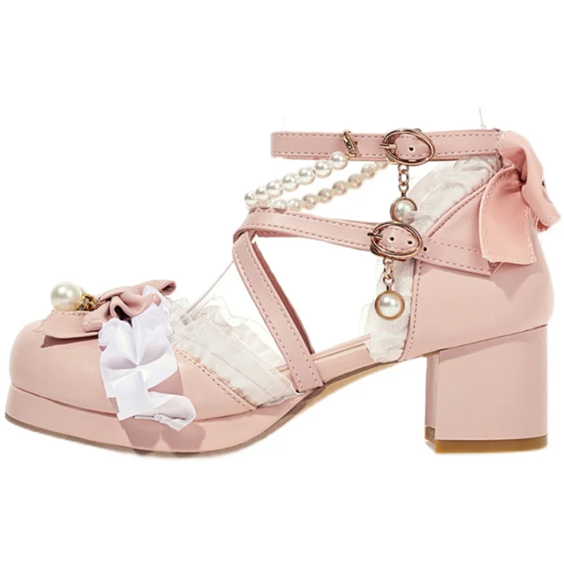 Harajuku Japanese Fashion Lolita Princess Shoes Large Size Bow Students Pearl Toe Girls Birthday Gift Spring Autumn Many Colors
