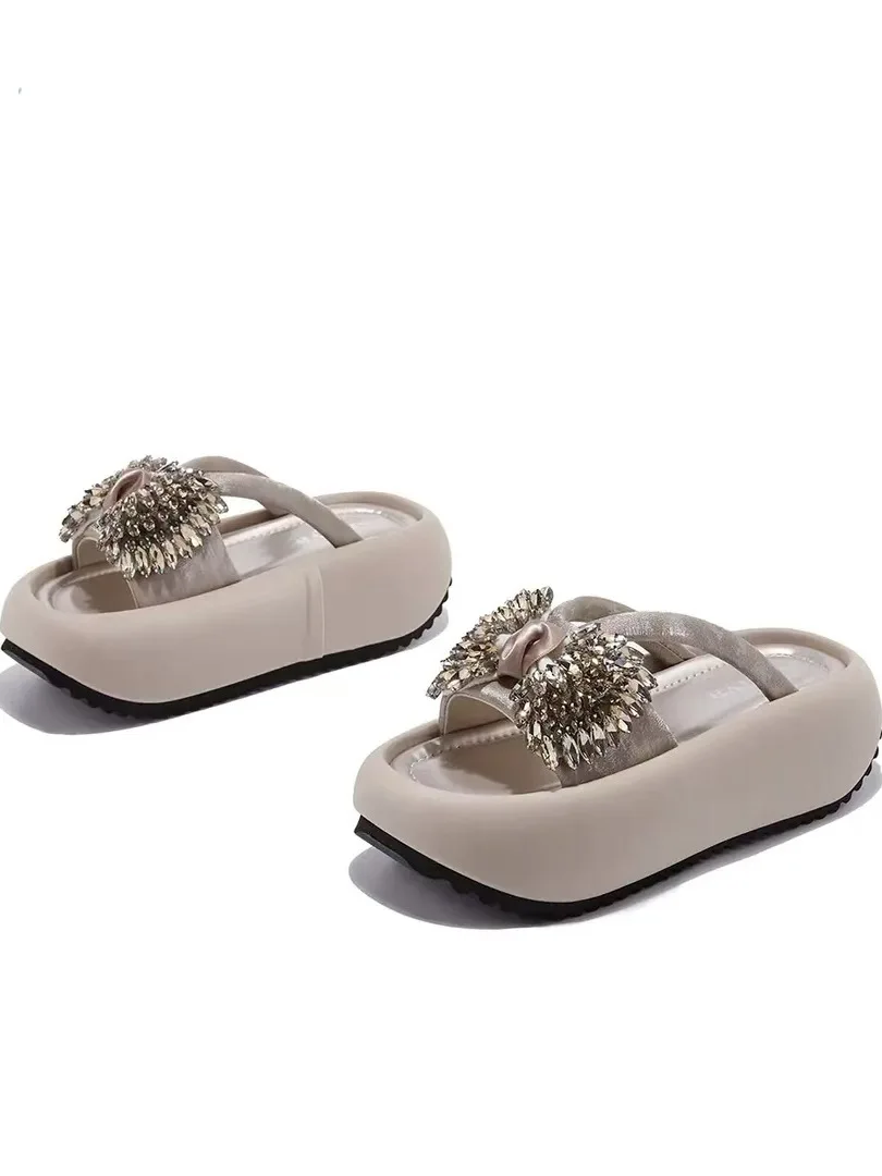 

Lamb Skin Knot Thick Heel Women's Slippers Summer New Fashion Shock Absorption Soft Bottom Sandals Casual Slip-On